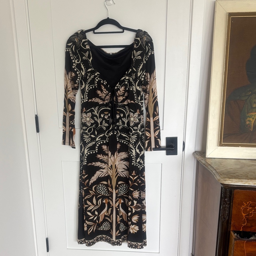 Johanna Ortiz Black and Cream Floral Long Sleeve Dress